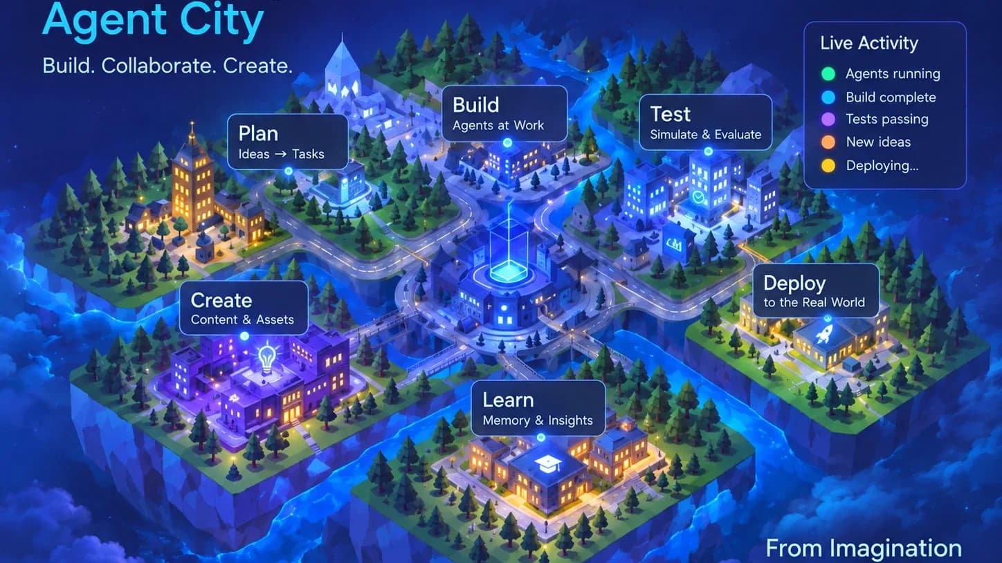 Agent City as an isometric island city at night: districts labeled Plan, Build, Test, Create, Learn, and Deploy around a glowing central hub, with a Live Activity panel listing agents running, builds complete, tests passing, new ideas, and deploying.