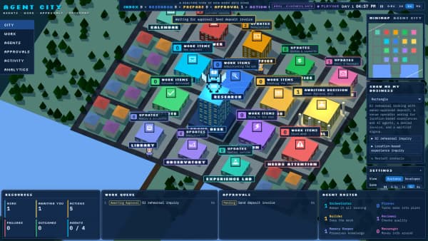 Agent City in the Rectangle scenario while "Send deposit invoice" waits for approval: an isometric city of colored district buildings, a toast reading "Waiting for approval: Send deposit invoice", the Human Approval Hall showing one item awaiting decision, and a work queue listing a DJ rehearsal inquiry as Awaiting Approval.