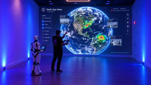 A wall-sized God’s Eye View globe inside The Rectangle, lit in blue: a weather radar and a hurricane over the Americas, live camera thumbnails for Seattle, New York, and Miami, and a layers panel on the left. A visitor points at the globe while a white robot beside him holds a tablet.