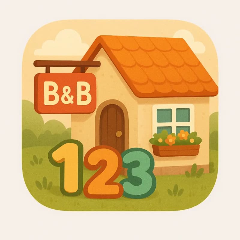 NumbersBnB app icon: a small cottage with an orange tiled roof, a hanging B&B sign, a flower box under the window, and the numbers 1, 2, and 3 in yellow, orange, and green on the lawn.