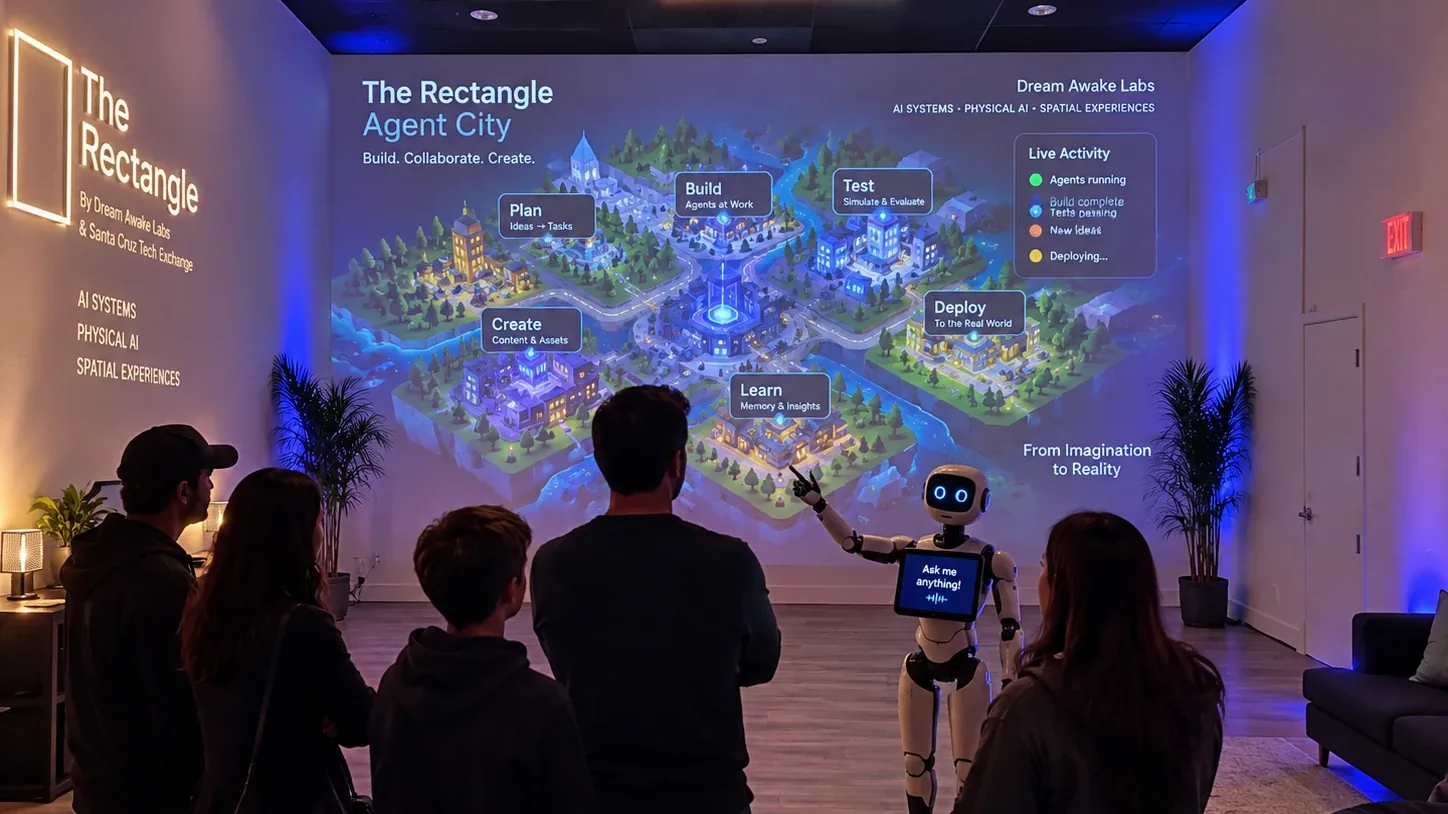 Five visitors face a wall-sized projection of Agent City inside The Rectangle, with districts labeled Plan, Build, Test, Create, Learn, and Deploy, while a white robot with a screen reading "Ask me anything" points at the map.