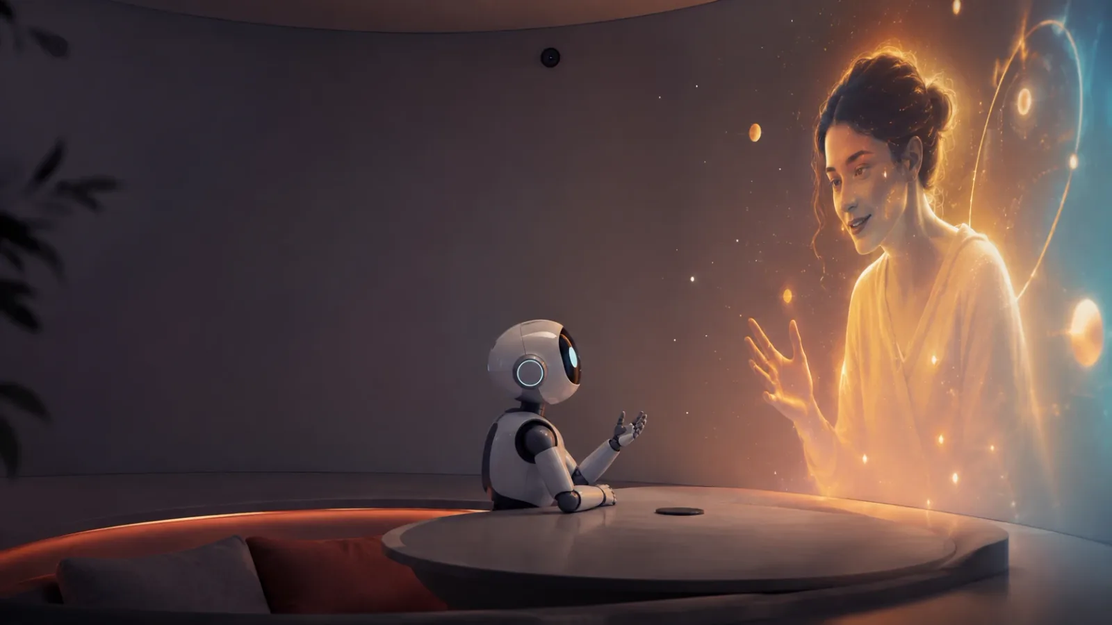 A small white robot sits at a round table in a curved room, hands raised, talking with a warm, glowing projected woman who smiles and gestures back from the wall.