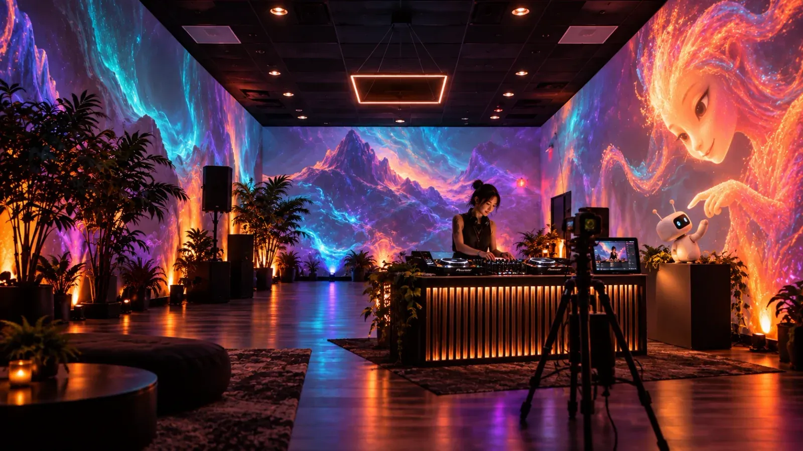 The Rectangle with projection-mapped walls with mountains and a glowing character, a DJ booth with a livestream camera, and a small white robot beside the projected character