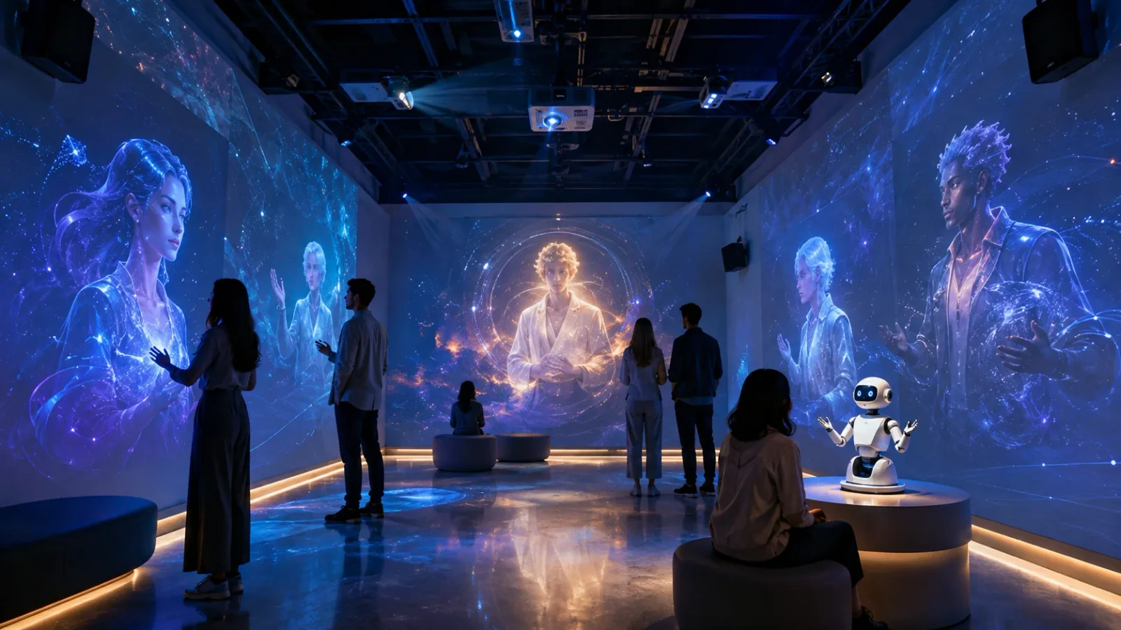 The Rectangle as a projection room: glowing characters fill three walls, projectors hang from a black truss ceiling, six visitors stand and sit among low benches lit from below, and a small white robot on a plinth gestures to a seated guest.