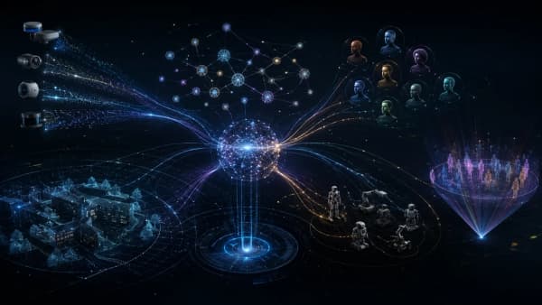 Streams from cameras, depth sensors, and lidar flow into a glowing hub, which connects to a story graph above, a wireframe building and trees, a group of small robots, a set of character portraits, and a ring of people in a venue.