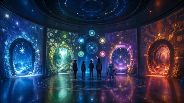 Four people and a small robot stand on a glowing floor in a round room whose walls show four portals, each a different world (a snowy forest, a green wood, a purple nebula, an autumn path with lanterns), under a ceiling of star charts.