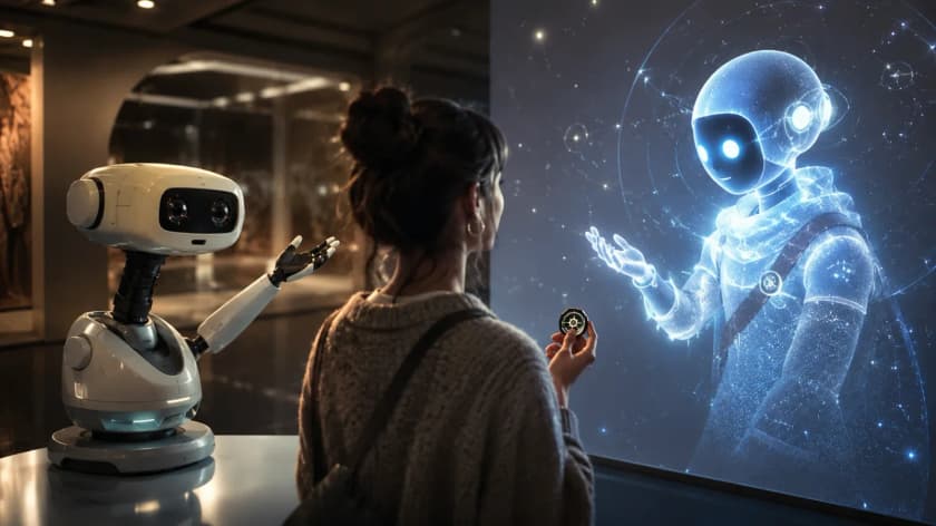 A visitor holds a small token up to a wall-sized screen where a glowing, star-filled character reaches out a hand, while a small white robot on a desk beside her gestures toward the same screen.