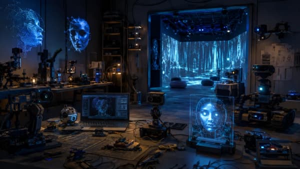 A workshop lit in blue, with cameras, small robots, a laptop showing a point-cloud head, a transparent panel with a glowing face, and a projection-mapped forest in a stage room beyond.